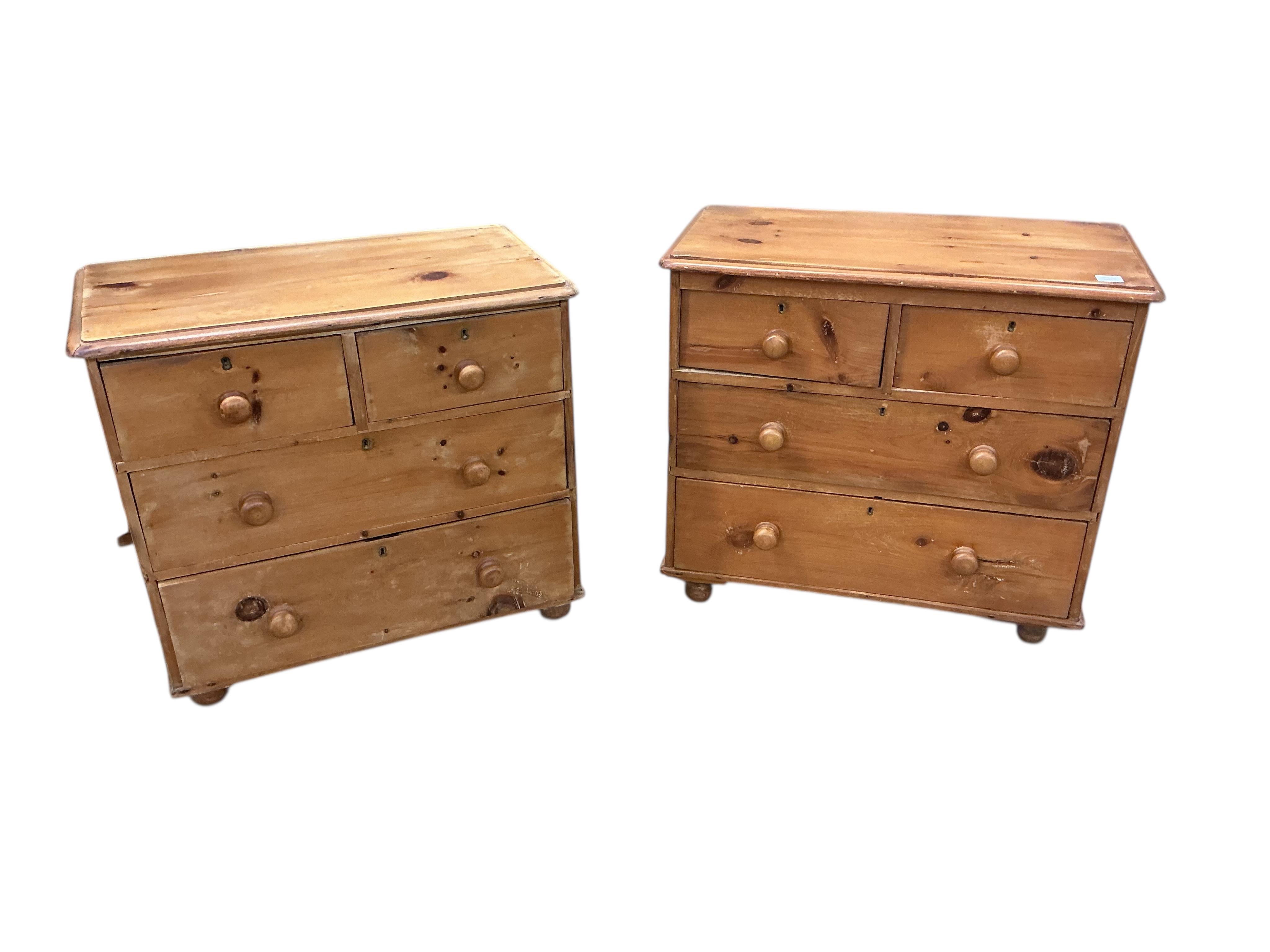 Two small Victorian pine chests of four drawers, larger width 84cm, depth 44cm, height 76cm